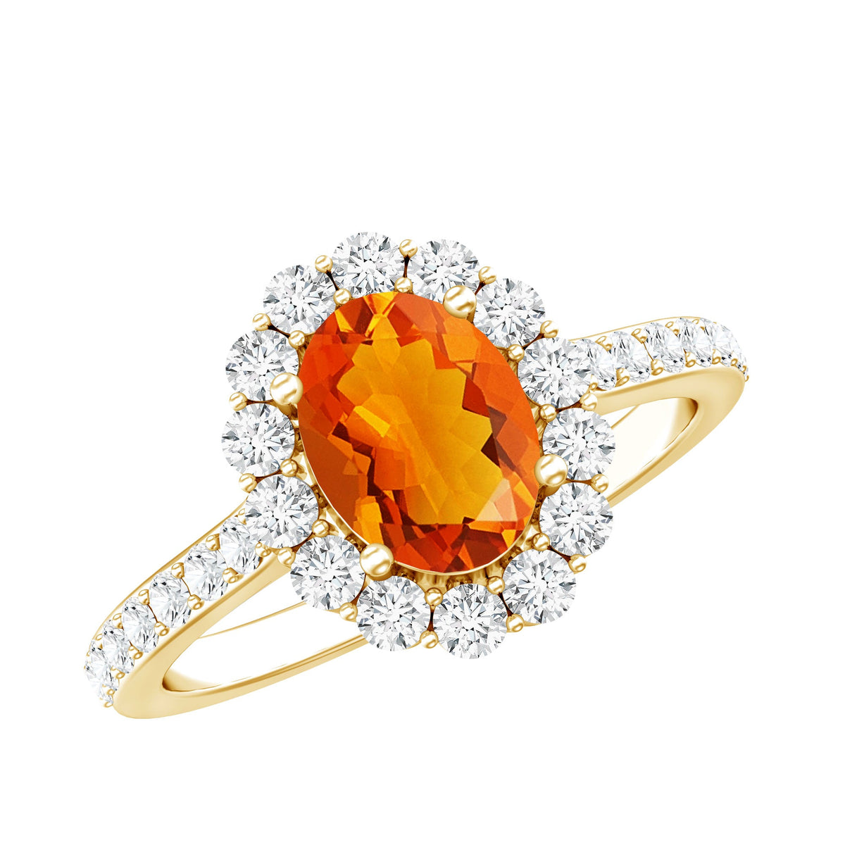 Orange fire opal oval engagement ring with moissanite by Rosec Jewels, featuring a vibrant orange gemstone and sparkling accents.