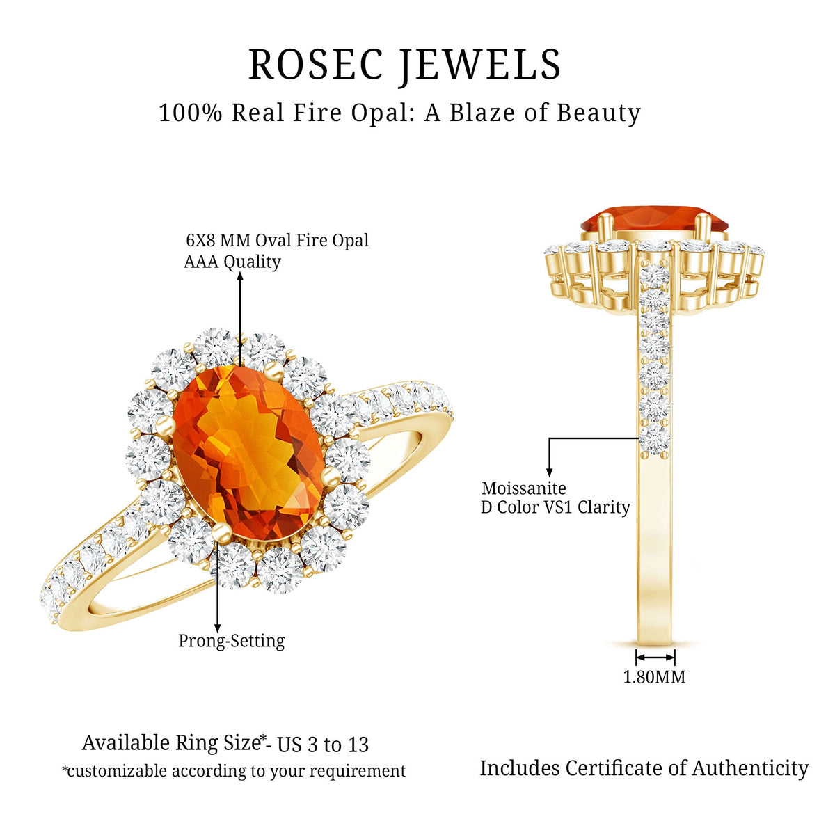 Oval orange fire opal engagement ring with moissanite accents from Rosec Jewels, showcasing the vibrant stone and elegant band.
