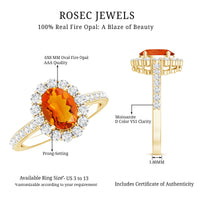Oval orange fire opal engagement ring with moissanite accents from Rosec Jewels, showcasing the vibrant stone and elegant band.