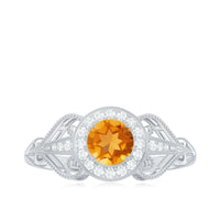 Vintage Style Citrine Engagement Ring with Diamond Halo