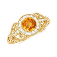 Vintage Style Citrine Engagement Ring with Diamond Halo