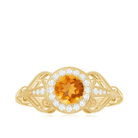 Vintage Style Citrine Engagement Ring with Diamond Halo