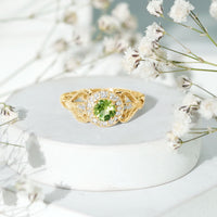 Vintage Inspired 0.5 Carat Peridot Engagement Ring with Diamond Halo