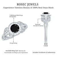 5mm Round Black Onyx Vintage Engagement Ring with Diamond Halo