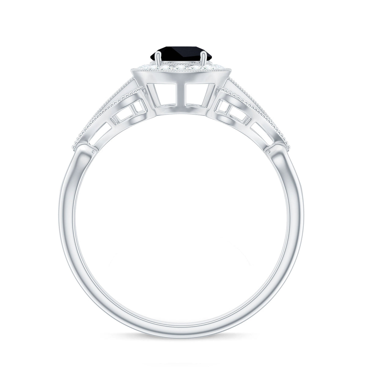 5mm Round Black Onyx Vintage Engagement Ring with Diamond Halo