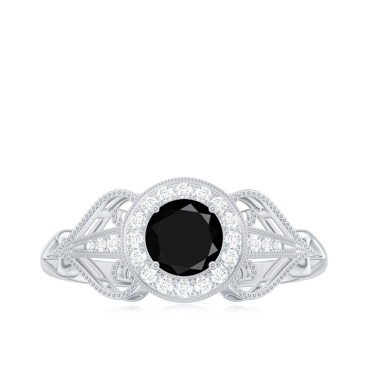 5mm Round Black Onyx Vintage Engagement Ring with Diamond Halo