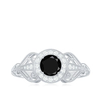 5mm Round Black Onyx Vintage Engagement Ring with Diamond Halo