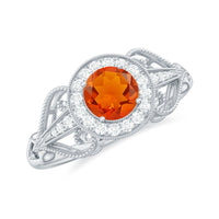 Real 0.45 carat fire opal and diamond vintage-inspired engagement ring by Rosec Jewels, featuring a detailed gold band and intricate design.