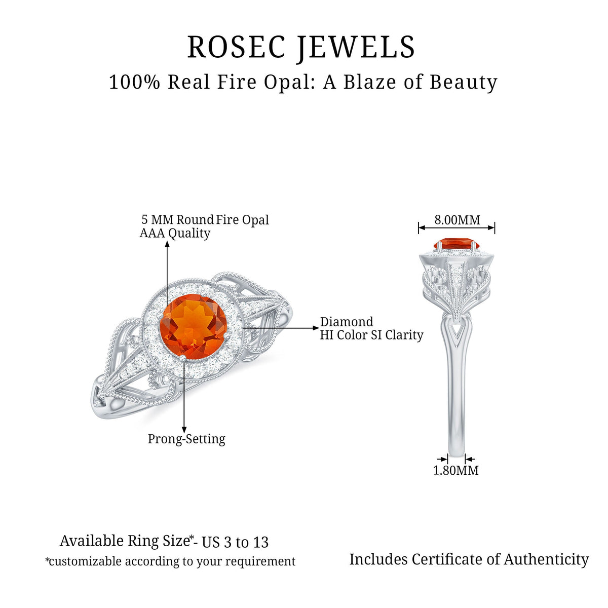 Vintage-inspired engagement ring featuring a 0.45 carat fire opal center stone surrounded by diamonds, crafted by Rosec Jewels.