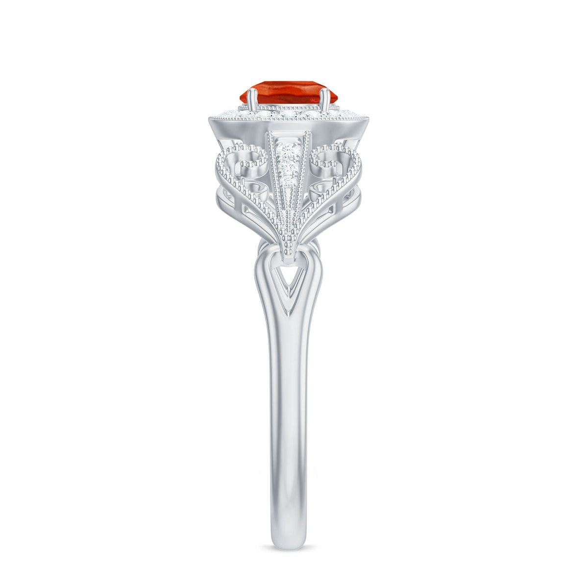 Vintage-inspired engagement ring featuring a 0.45 carat fire opal and diamond accents, crafted by Rosec Jewels.