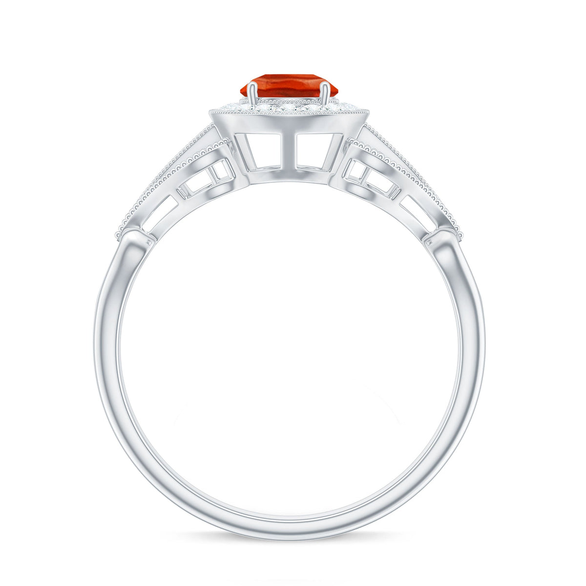 Vintage-inspired engagement ring featuring a 0.45 carat fire opal and diamonds in a Rosec Jewels design, elegant ring setting.