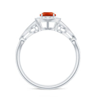 Vintage-inspired engagement ring featuring a 0.45 carat fire opal and diamonds in a Rosec Jewels design, elegant ring setting.