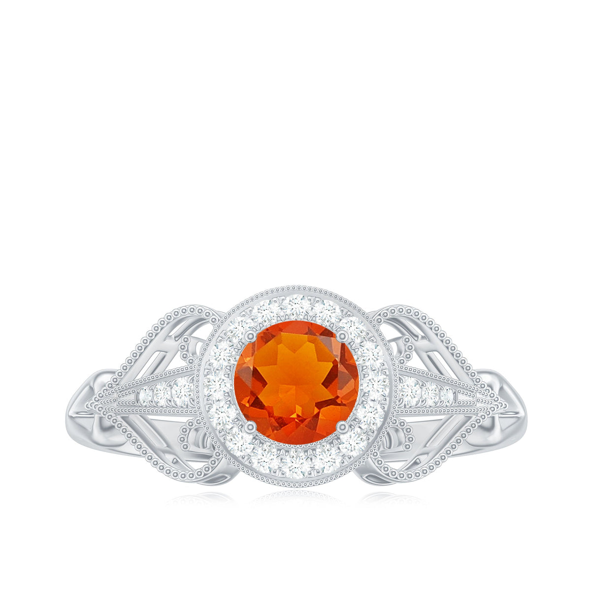 Vintage-inspired engagement ring featuring a 0.45 carat fire opal and diamonds set in a Rosec Jewels ring design.