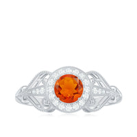 Vintage-inspired engagement ring featuring a 0.45 carat fire opal and diamonds set in a Rosec Jewels ring design.