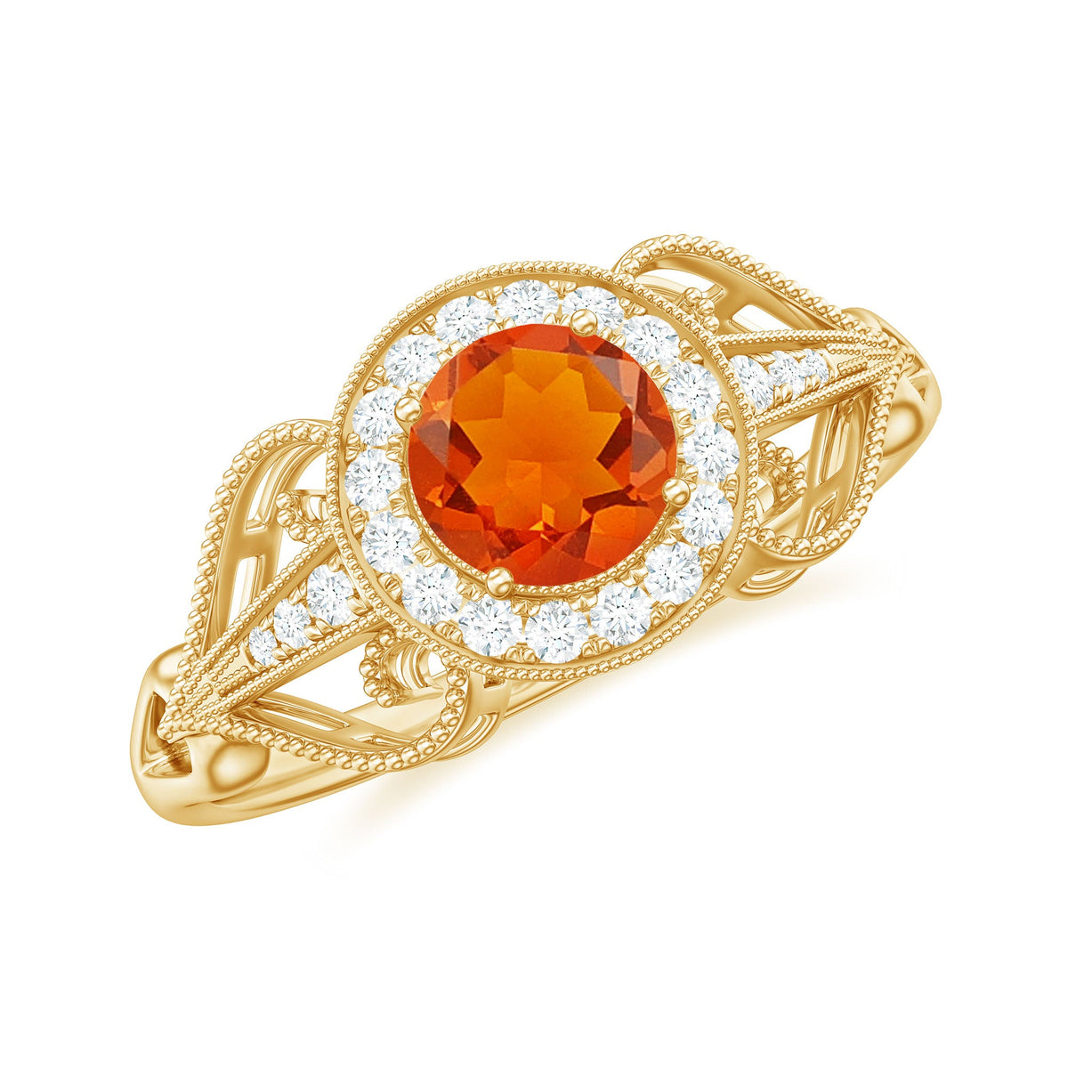 Vintage-inspired engagement ring featuring a 0.45 carat fire opal center stone surrounded by diamonds, set in a detailed metal band.