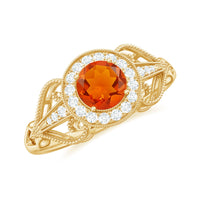 Vintage-inspired engagement ring featuring a 0.45 carat fire opal center stone surrounded by diamonds, set in a detailed metal band.