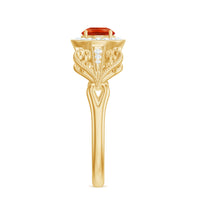 Vintage-inspired engagement ring featuring a 0.45 carat fire opal center stone with diamond accents, crafted by Rosec Jewels.