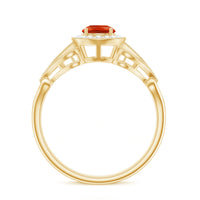 Vintage-inspired engagement ring featuring a 0.45 carat fire opal center stone accented with diamonds, crafted by Rosec Jewels.