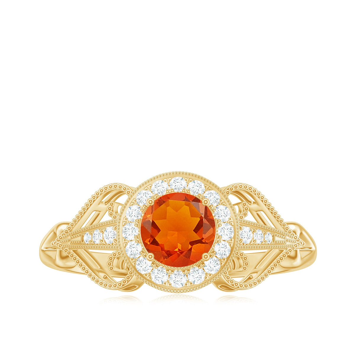 Vintage-inspired engagement ring featuring a 0.45 carat fire opal and diamonds, set in a Rosec Jewels ring design.