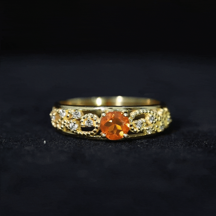 Vintage style fire opal solitaire anniversary band ring with diamond accents from Rosec Jewels, showcasing a yellow fire opal gemstone.