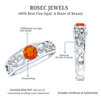 Vintage Style Fire Opal Solitaire Anniversary Band Ring with Diamond