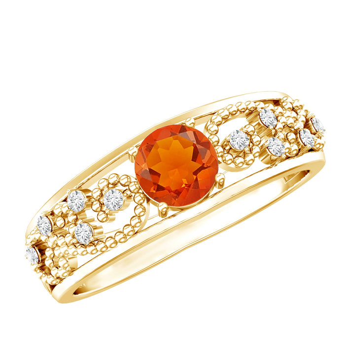 Vintage fire opal solitaire anniversary ring with diamond accents from Rosec Jewels, showcasing a stunning gemstone set in a classic band.