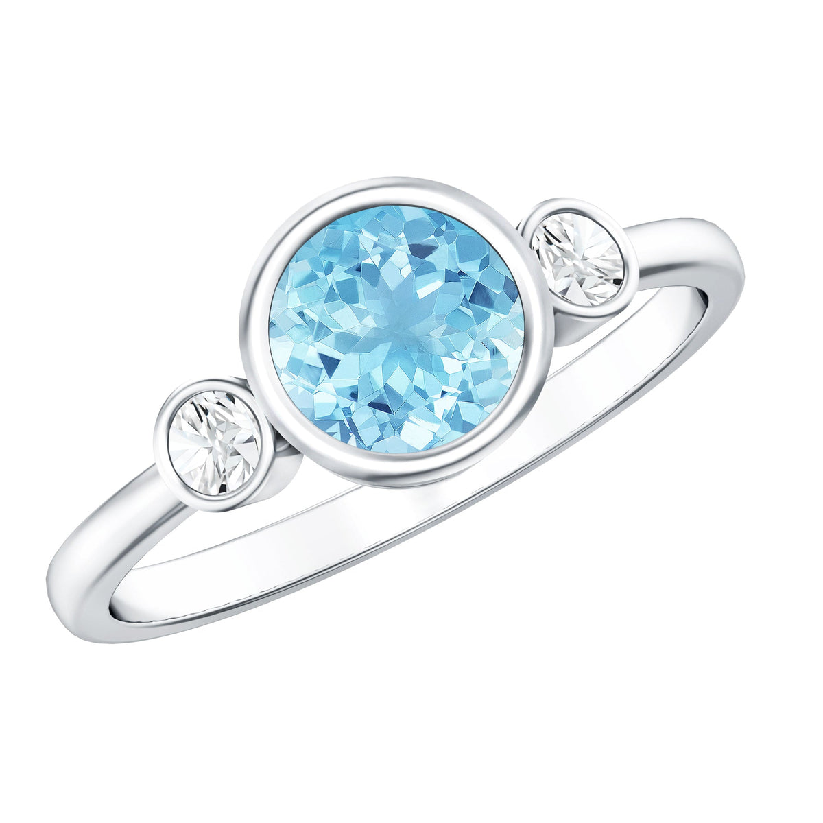 Bezel set aquamarine and diamond engagement ring by Rosec Jewels with certificate, showcasing the elegant design and sparkling gemstones.