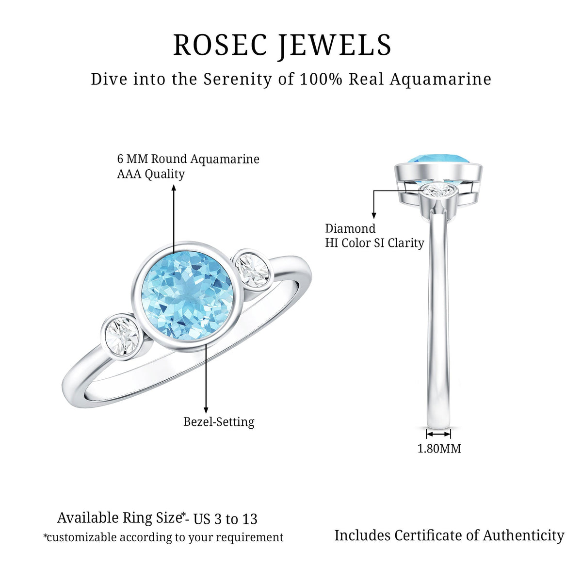 Bezel set aquamarine and diamond engagement ring by Rosec Jewels with certificate, featuring a central aquamarine gemstone and sparkling diamonds.