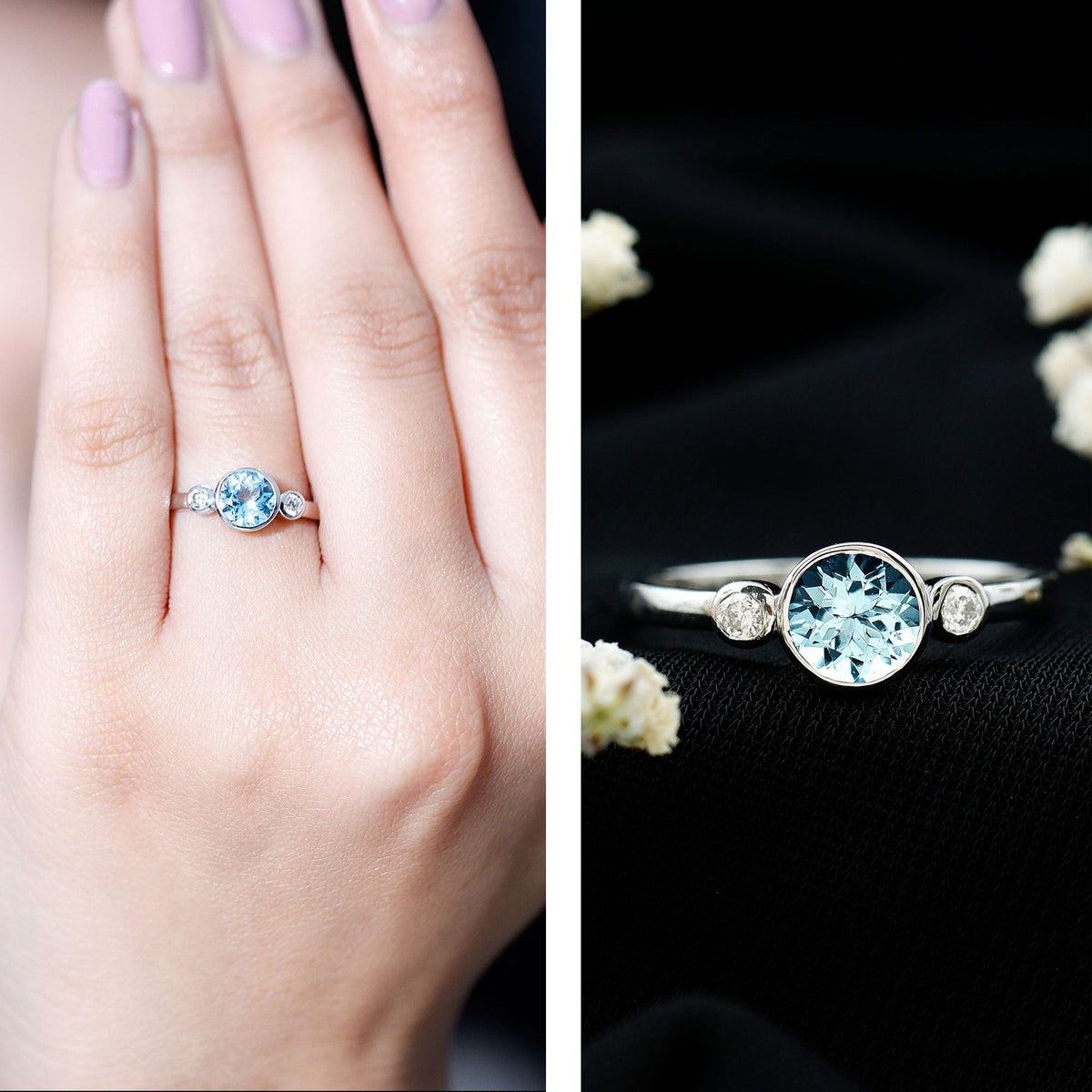 Bezel set aquamarine engagement ring with diamonds by Rosec Jewels, featuring a central aquamarine gemstone and sparkling accents.