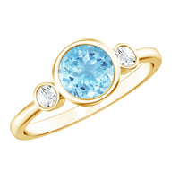 Rosec Jewels bezel set aquamarine and diamond engagement ring with certificate, showcasing the elegant design and sparkling stones.