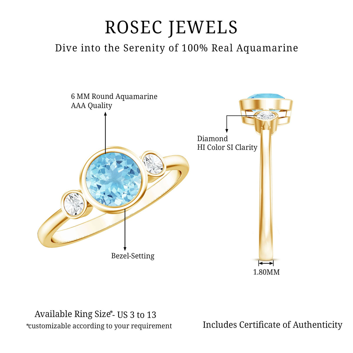 Rosec Jewels bezel set aquamarine and diamond engagement ring showcasing a central aquamarine gemstone with sparkling diamonds.