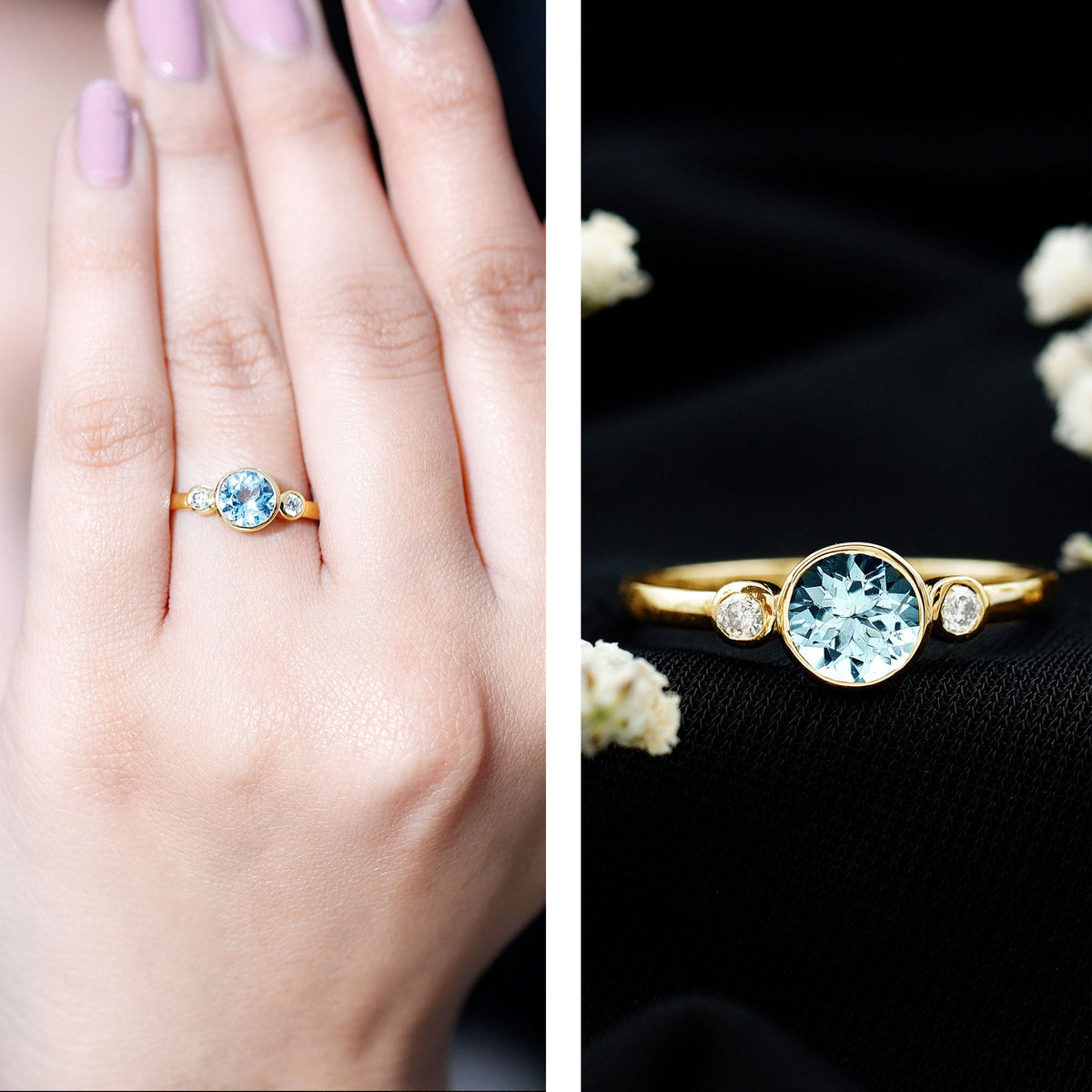 Bezel set aquamarine and diamond engagement ring by Rosec Jewels featuring a central aquamarine gemstone and sparkling diamonds.