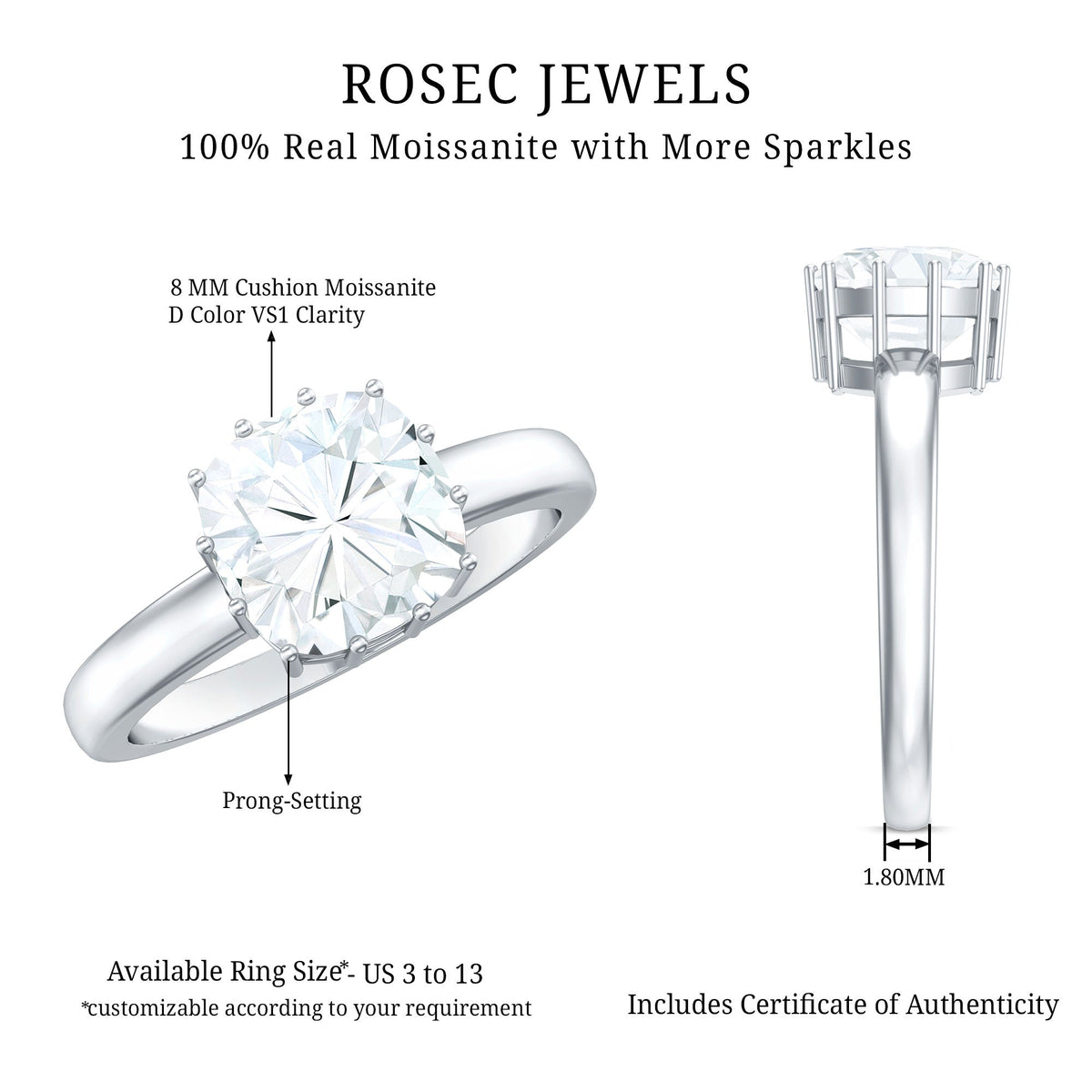 Certified 8mm cushion cut moissanite solitaire engagement ring by Rosec Jewels featuring a polished band and sparkling center stone.