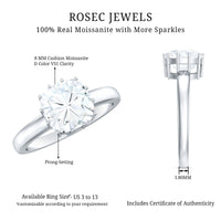 Certified 8mm cushion cut moissanite solitaire engagement ring by Rosec Jewels featuring a polished band and sparkling center stone.