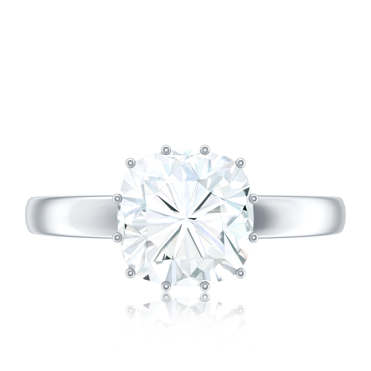 Certified 8mm cushion cut moissanite solitaire engagement ring by Rosec Jewels featuring a sparkling gemstone on a sleek band.