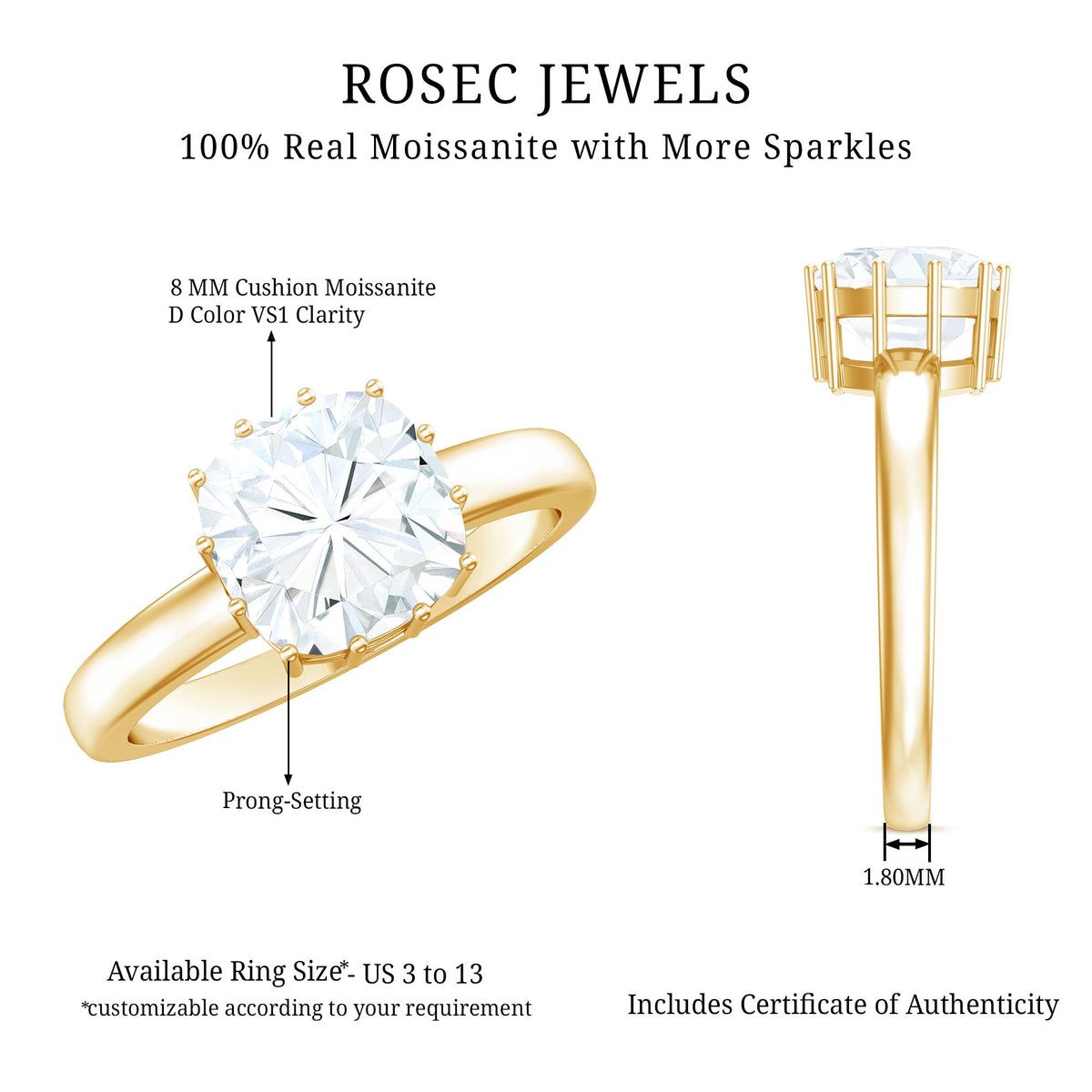 Certified 8mm cushion cut moissanite solitaire engagement ring featuring a sparkling central stone and a sleek band.