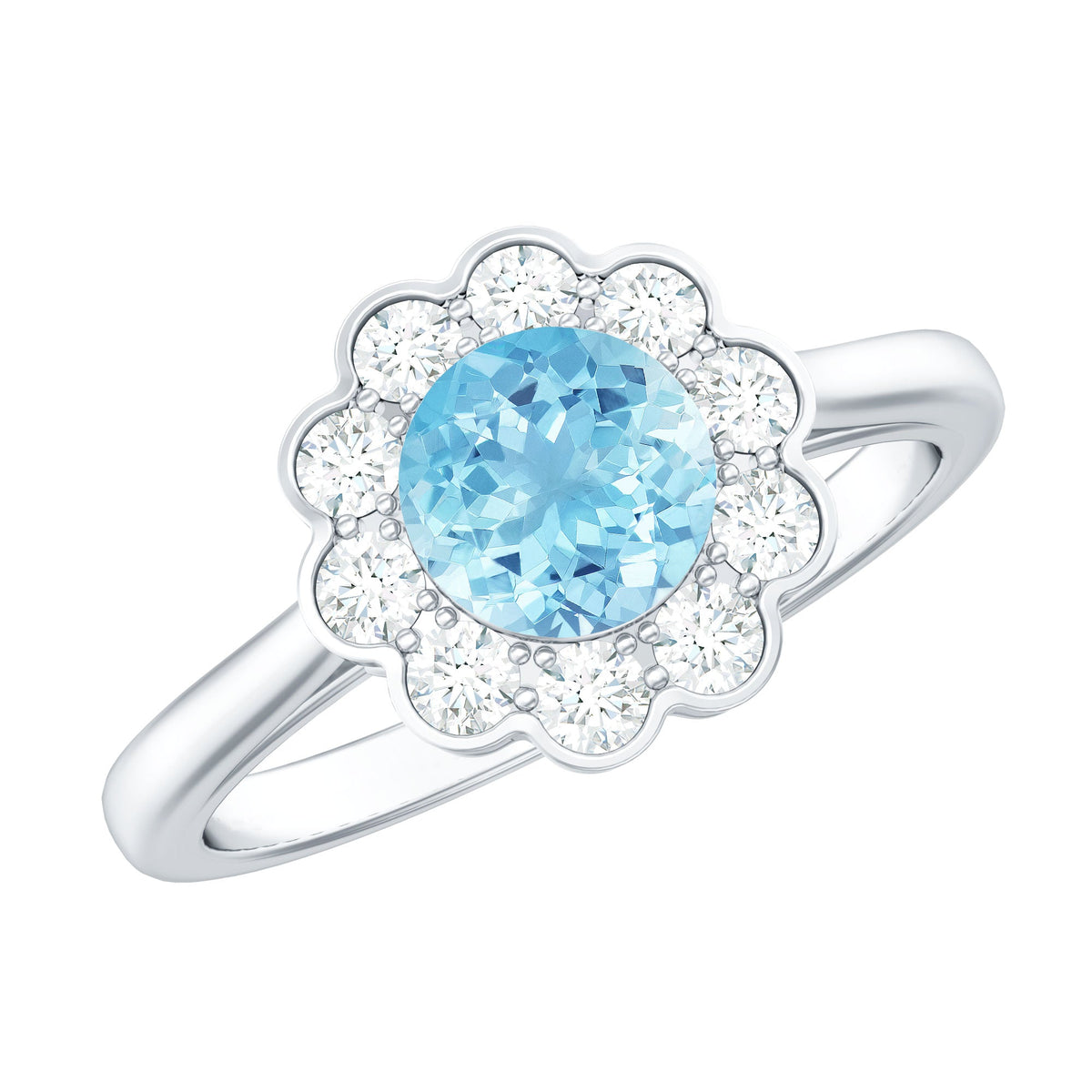 Certified 0.8 carat aquamarine engagement ring with diamond flower halo, featuring a elegant rosec Jewels design
