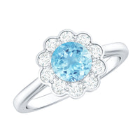 Certified 0.8 carat aquamarine engagement ring with diamond flower halo, featuring a elegant rosec Jewels design