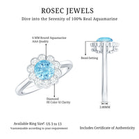 Certified 0.8 carat aquamarine engagement ring with diamond flower halo by Rosec Jewels, showcasing a detailed gold setting.