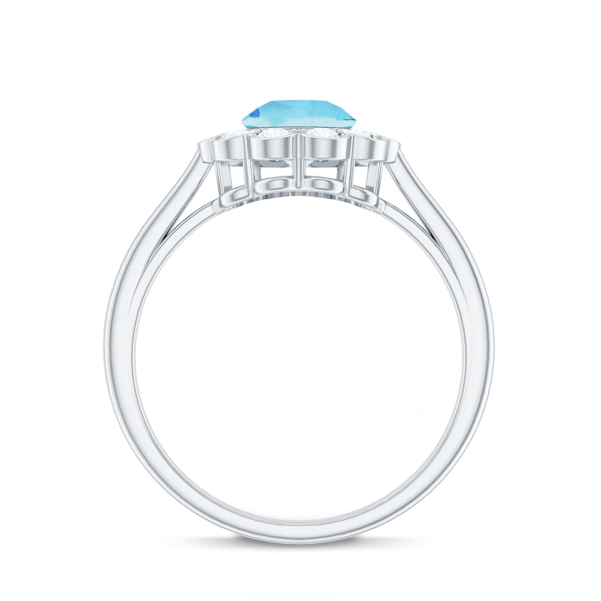 Certified 0.8 carat aquamarine engagement ring with diamond flower halo by Rosec Jewels, showcasing a detailed gemstone setting.