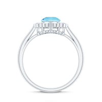Certified 0.8 carat aquamarine engagement ring with diamond flower halo by Rosec Jewels, showcasing a detailed gemstone setting.