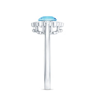 Certified 0.8 carat aquamarine engagement ring with diamond flower halo, featuring a rose gold band and intricate design.