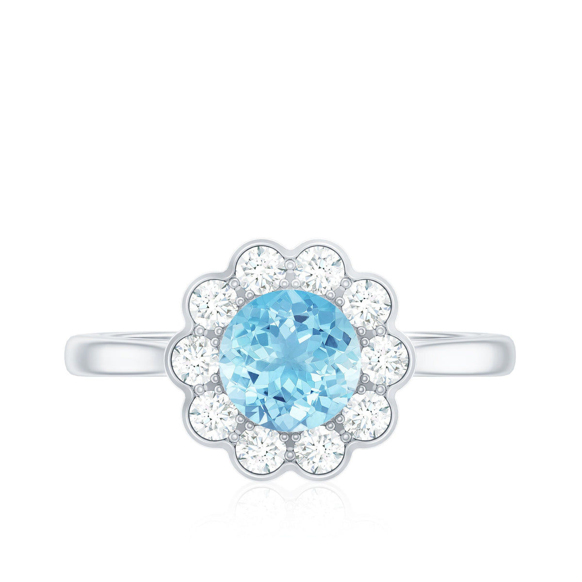 Certified 0.8 carat aquamarine engagement ring with diamond flower halo by Rosec Jewels, showcasing the detailed gemstone and elegant design.