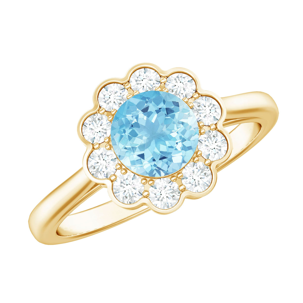 Certified 0.8 Carat aquamarine engagement ring with diamond flower halo from Rosec Jewels, showcasing a beautiful gemstone and intricate design.