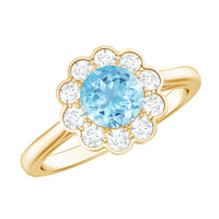 Certified 0.8 Carat aquamarine engagement ring with diamond flower halo from Rosec Jewels, showcasing a beautiful gemstone and intricate design.