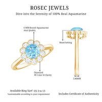 Certified 0.8 carat aquamarine engagement ring with diamond flower halo by Rosec Jewels, showcasing a detailed gemstone setting.