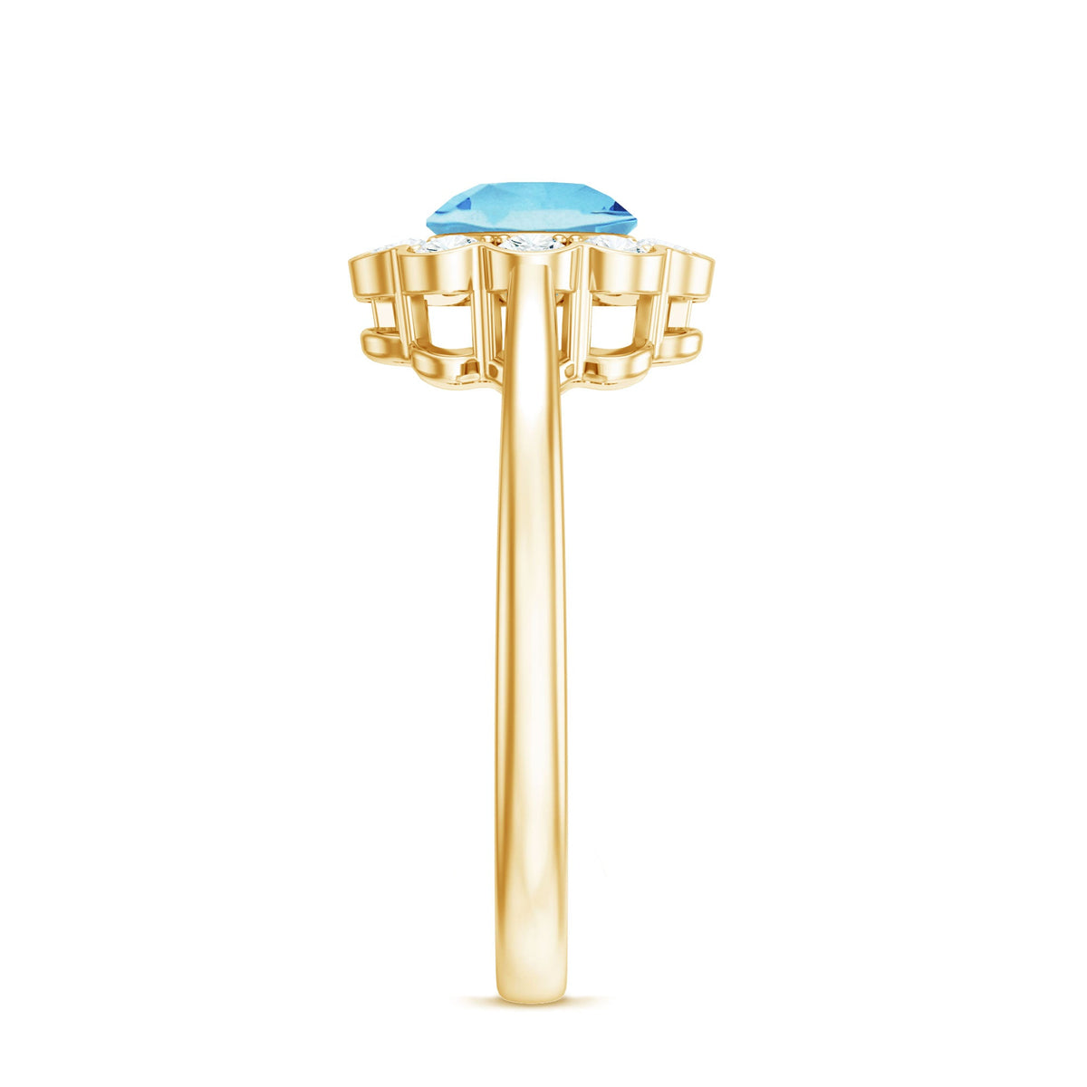 Certified 0.8 carat aquamarine engagement ring with diamond flower halo, featuring a rose gold band and intricate design.