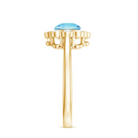 Certified 0.8 carat aquamarine engagement ring with diamond flower halo, featuring a rose gold band and intricate design.