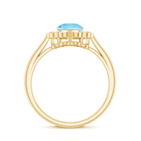 Certified 0.8 carat aquamarine engagement ring with diamond flower halo, showcasing a elegant Rosec Jewels ring design.