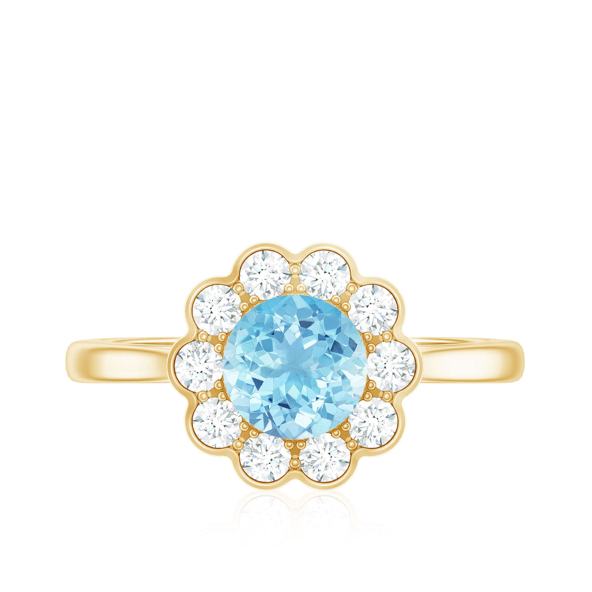 Certified 0.8 carat aquamarine engagement ring by Rosec Jewels with diamond flower halo and sterling band.